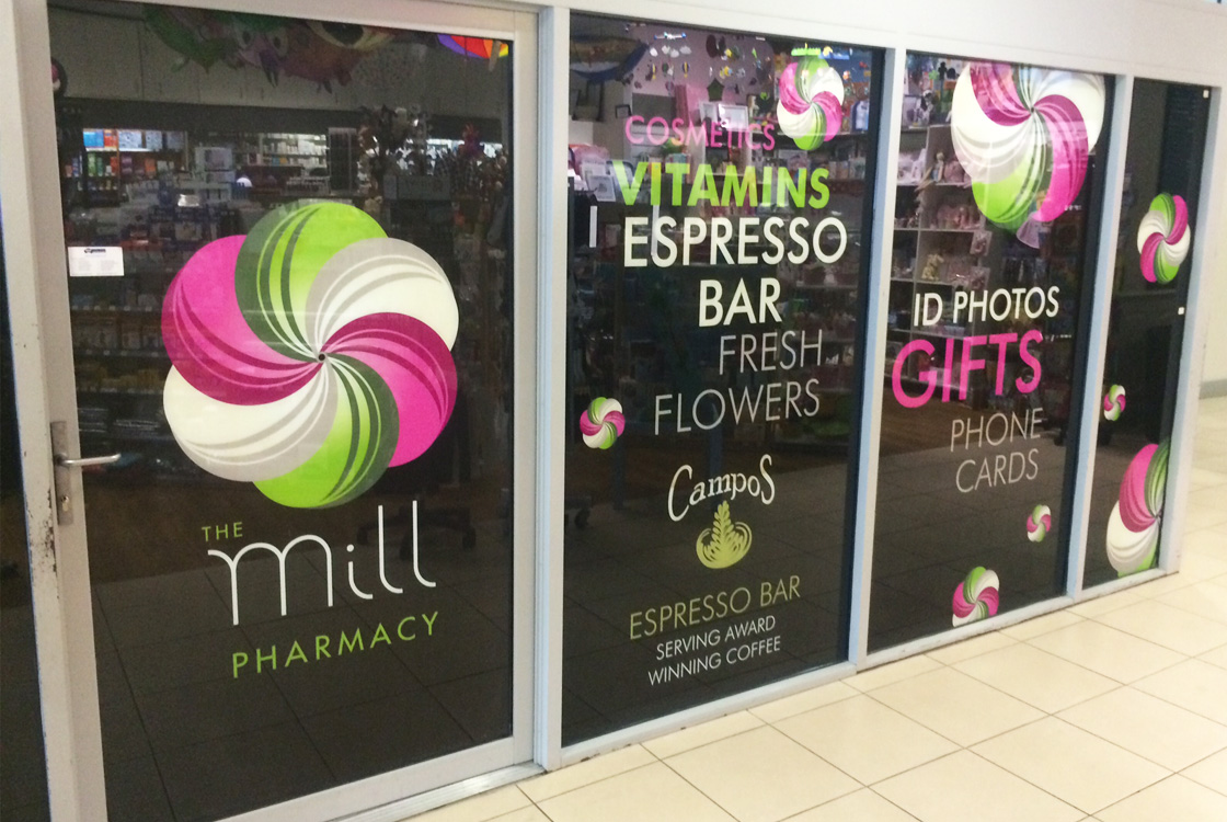 The Mill Pharmacy window decals